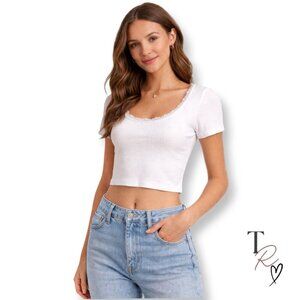 Antistar NWT Ribbed Lace Trim Scoop Neck Crop Top Cropped Tee White Size S